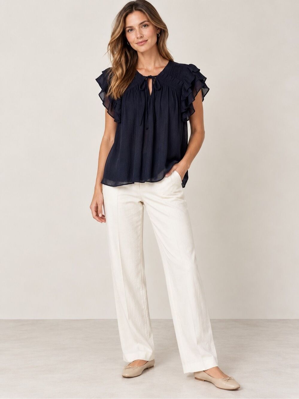 NWT Marie Oliver Phoebe Blouse Size Medium Midnight Blue Gray Ruffles